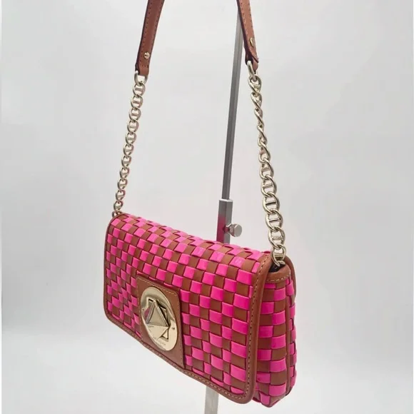 KATE SPADE VTG Pink Poly & Leather Woven Turn Lock Chain Clutch Shoulder Handbag - Picture 7 of 7